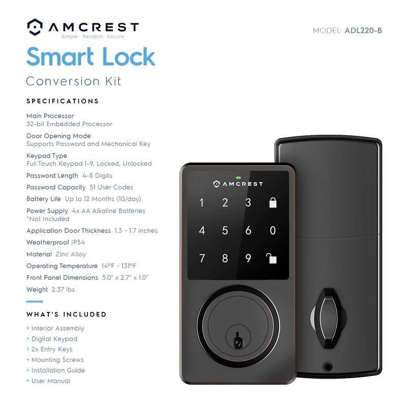 Amcrest Keyless Entry Door Lock Deadbolt, Digital Door Locks with Keypads, Smart Lock, Electronic Keypad Door Knob Cylinder Deadbolt, Automatic Locking, Heavy Duty Commercial Grade ADL220-B - Image 4